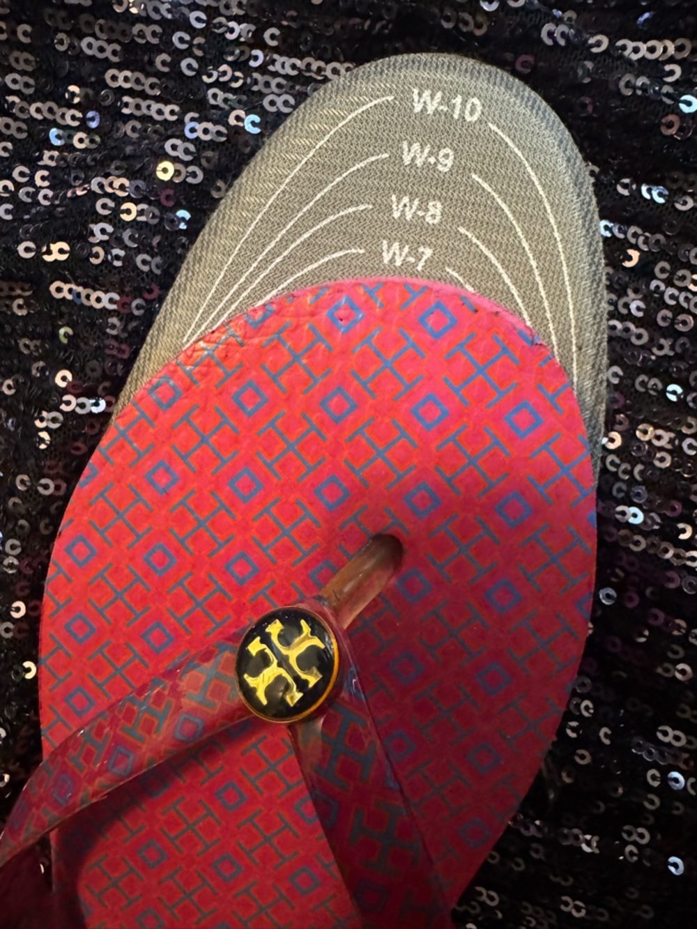 Tory Burch Pink and Blue Patterned Logo Flip Flops - Picture 11 of 14